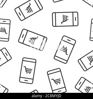 Online shopping icon in flat style. Smartphone store vector illustration on white isolated background. Market seamless pattern business concept. Stock Vector