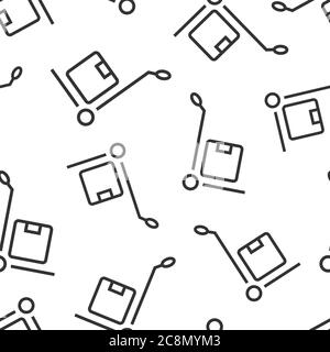 Cargo trolley icon in flat style. Delivery box vector illustration on white isolated background. Box shipping seamless pattern business concept. Stock Vector