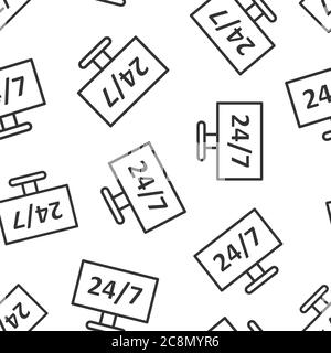 24/7 computer icon in flat style. All day service vector illustration on white isolated background. Support seamless pattern business concept. Stock Vector
