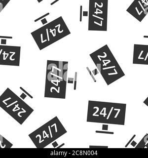 24/7 computer icon in flat style. All day service vector illustration on white isolated background. Support seamless pattern business concept. Stock Vector