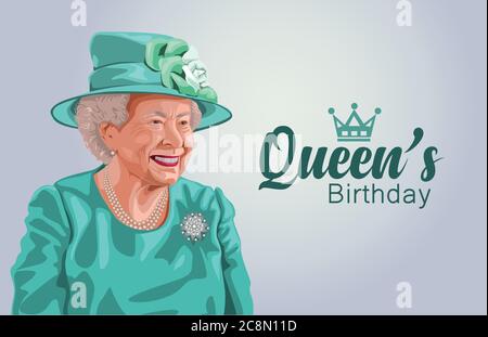 A vector illustration of Queen Elizabeth II on a light background, UK,Australia Queen's birthday concept. Stock Vector