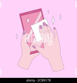 Covid-19 - personal protection. Smartphone sanitizer and disinfection, wipe phone Stock Vector