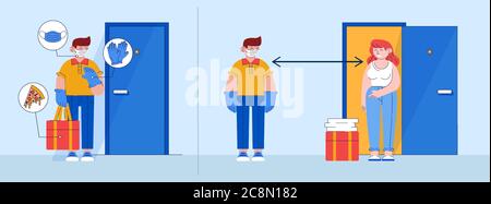 Courier in mask delivers pizza at home during quarantine. Contactless delivery food Stock Vector