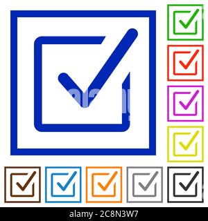 Set of color square framed Checked box flat icons on white background Stock Vector