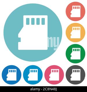 Flat micro SD card icon set on round color background. Stock Vector