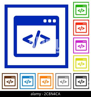 Set of color square framed Programing code flat icons on white background Stock Vector