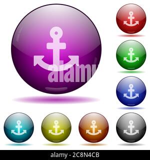 Set of color anchor glass sphere buttons with shadows. Stock Vector