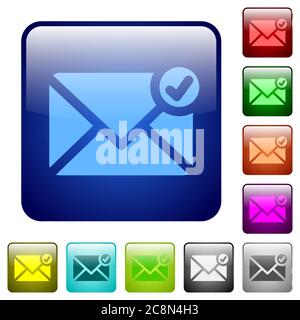 Set of mail sent color glass rounded square buttons Stock Vector