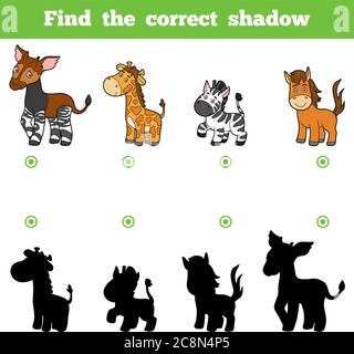 Find correct shadow of African savannah animals, vector kids quiz. Find ...