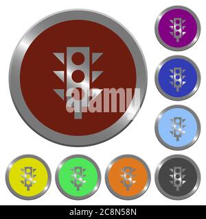 Set of color glossy coin-like traffic light buttons. Stock Vector
