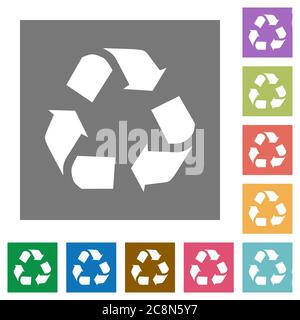 Recycling flat icon set on color square background. Stock Vector