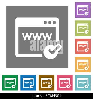 Domain registration flat icon set on color square background. Stock Vector