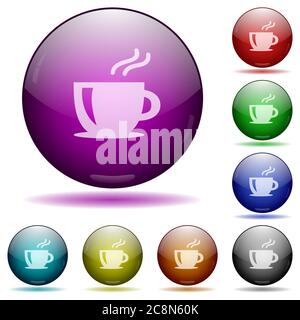 Set of color coffee glass sphere buttons with shadows. Stock Vector