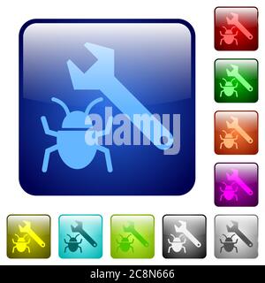 Set of bug fixing color glass rounded square buttons Stock Vector
