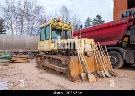 Bulldozer on Construction site at winter Stock Photo