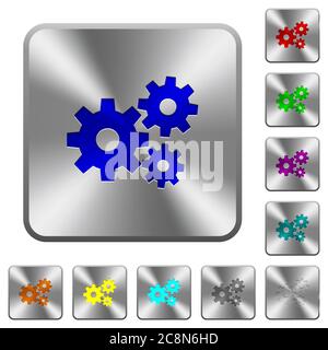 Engraved gears icons on rounded square steel buttons Stock Vector
