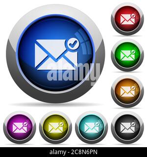 Set of round glossy mail sent buttons. Arranged layer structure. Stock Vector