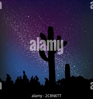 Vector illustration. Dessert starry night with stars and cactus. Stock Vector