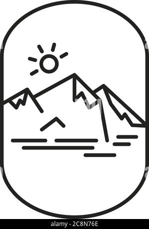 Vector illustration. Lineal insignia with mountain ridge, sun and lake. Stock Vector