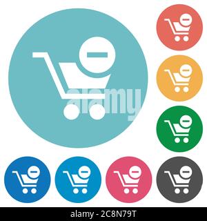 Flat remove from cart icon set on round color background. Stock Vector