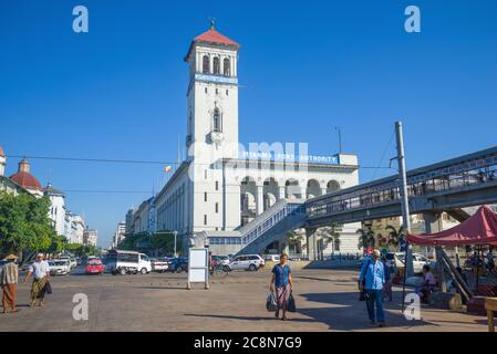 YANGON, MYANMAR - DECEMBER 18, 2016: View of the main administrative building of the city port on a sunny day Stock Photo
