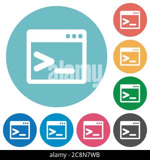 Flat command prompt icon set on round color background. Stock Vector