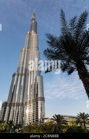 Sun reflected off the tallest man-made construction in the world - the Burj Khalifa, Dubai, UAE Stock Photo
