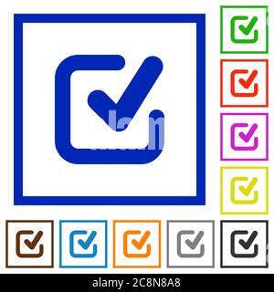 Set of color square framed checkmark flat icons on white background Stock Vector