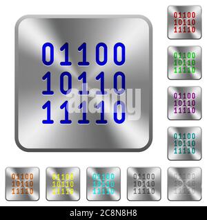 Engraved binary code icons on rounded square steel buttons Stock Vector