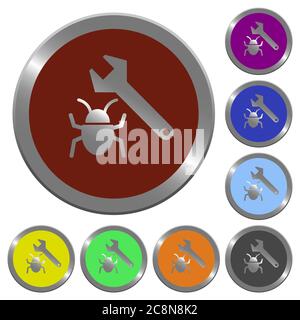 Set of color glossy coin-like bug fixing buttons. Stock Vector