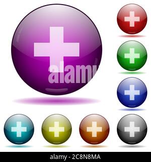 Set of color plus sign glass sphere buttons with shadows. Stock Vector