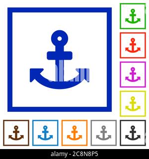 Set of color square framed anchor flat icons on white background Stock Vector