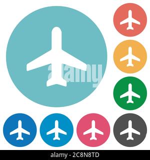 Flat airplane icon set on round color background. Stock Vector