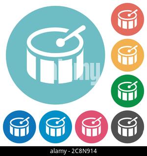 Flat drum icon set on round color background. Stock Vector