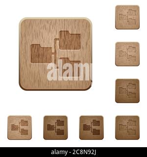 Set of carved wooden Shared folders buttons in 8 variations. Stock Vector