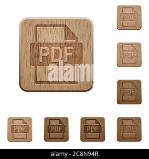 Set of carved wooden PDF file format buttons in 8 variations. Stock Vector