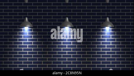 Dark brick wall illuminated by lamps, vector illustration. Stock Vector