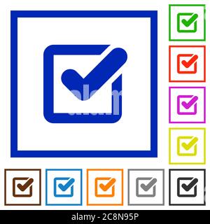 Set of color square framed checkbox flat icons on white background Stock Vector