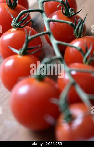 Red cherry tomatoes on the vine, close up on a wooden chopping board under natural light. Stock Photo