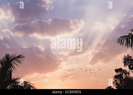 Rays of light pass through clouds on a blue and pink sky at sunset Stock Photo