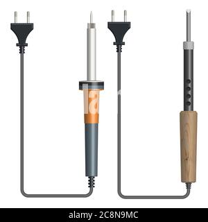 Set of electric soldering iron with wooden and plastic handles isolated on a white background. Top view, vector illustration. Stock Vector
