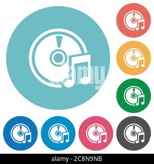 Flat audio CD icon set on round color background. Stock Vector