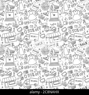 Online shopping hand drawn seamless pattern. Doodle e-commerce background. Vector illustration. Stock Vector