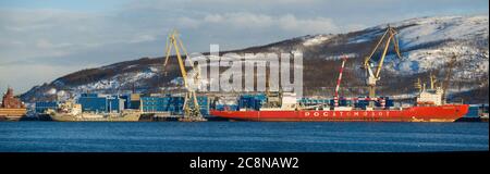 MURMANSK, RUSSIA - FEBRUARY 21, 2019: View of the ships of the Russian Corporation of Atomflot in the Kola Bay on a February day Stock Photo