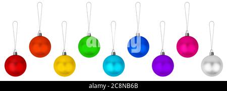 Colorful glass balls hanging on thread set white background isolated closeup, Сhristmas tree decoration collection, shiny round bauble, new year decor Stock Photo