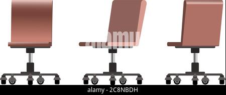 Set of trendy vector flat 3d office modern computer chair in a flat style with brown color leather shades, Front, side and back chairs view. Office ac Stock Vector