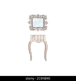 Old wood vanity table with mirror. dressing table. hand-drawn vintage grunge style colorful cartoon illustration vector Stock Vector