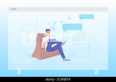 businessman using laptop chat bubble communication concept man relaxing in office full length horizontal vector illustration Stock Vector
