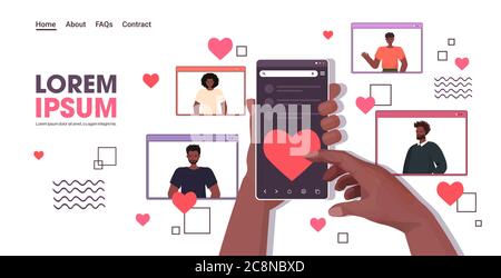 human hands using smartphone chatting in online dating app people in web browser windows social relationship communication concept horizontal copy space vector illustration Stock Vector
