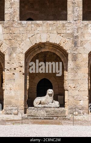 Stone lion sculpture at the Archaeological Museum of Rhodes in the former hospital of the Knights of Saint John, Rhodes Town, Rhodes Island, Greece Stock Photo